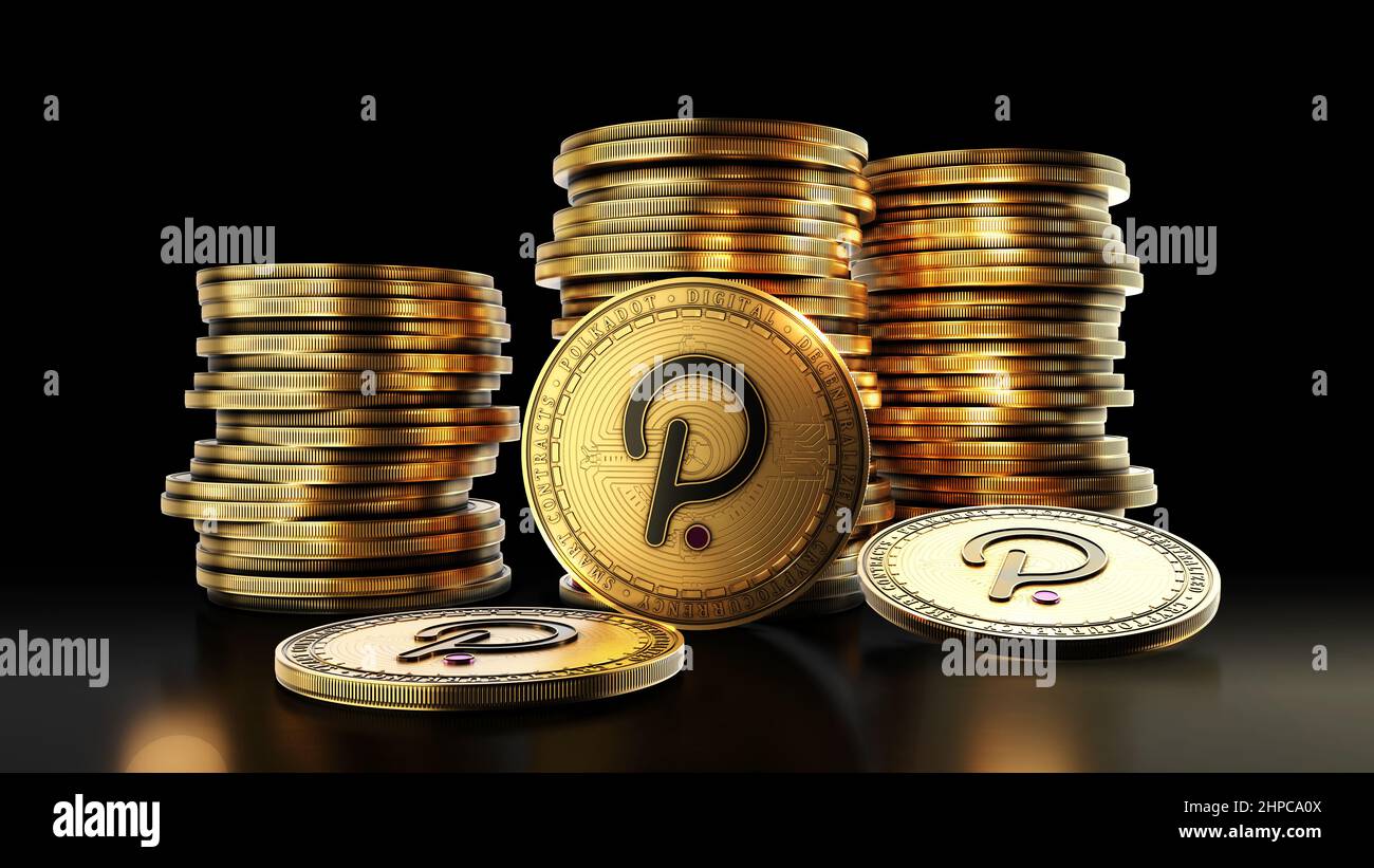 Polkadot con gruppo di monete su sfondo nero. Simbolo di criptovaluta digitale decentralizzato. 3D illustrazione. Foto Stock
