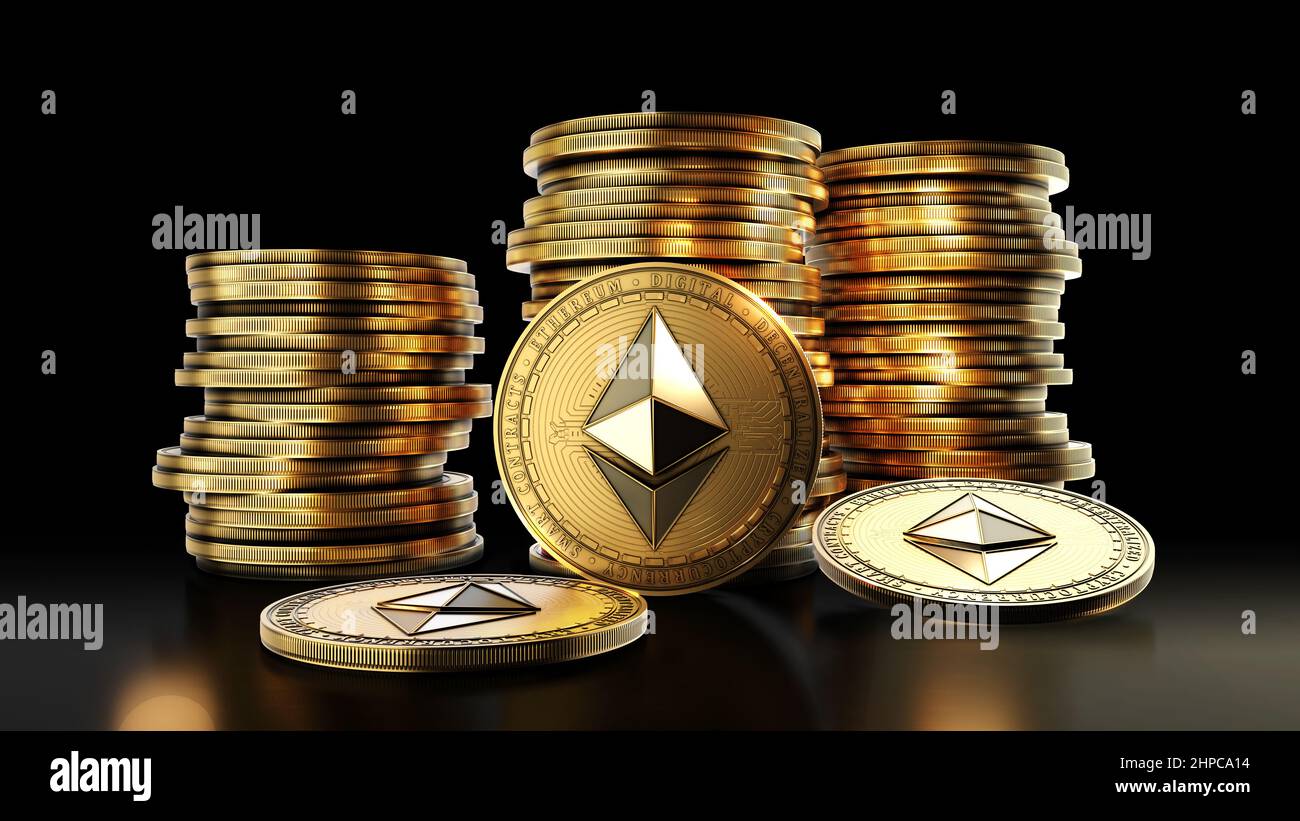 Ethereum con gruppo di monete su sfondo nero. Simbolo di criptovaluta digitale decentralizzato. 3D illustrazione. Foto Stock