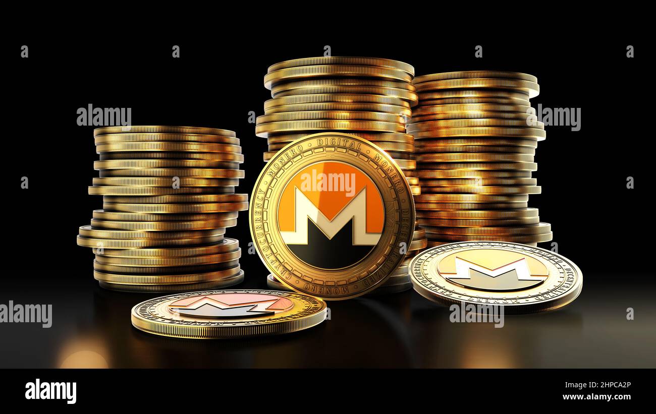 Monero con gruppo di monete su sfondo nero. Simbolo di criptovaluta digitale decentralizzato. 3D illustrazione. Foto Stock
