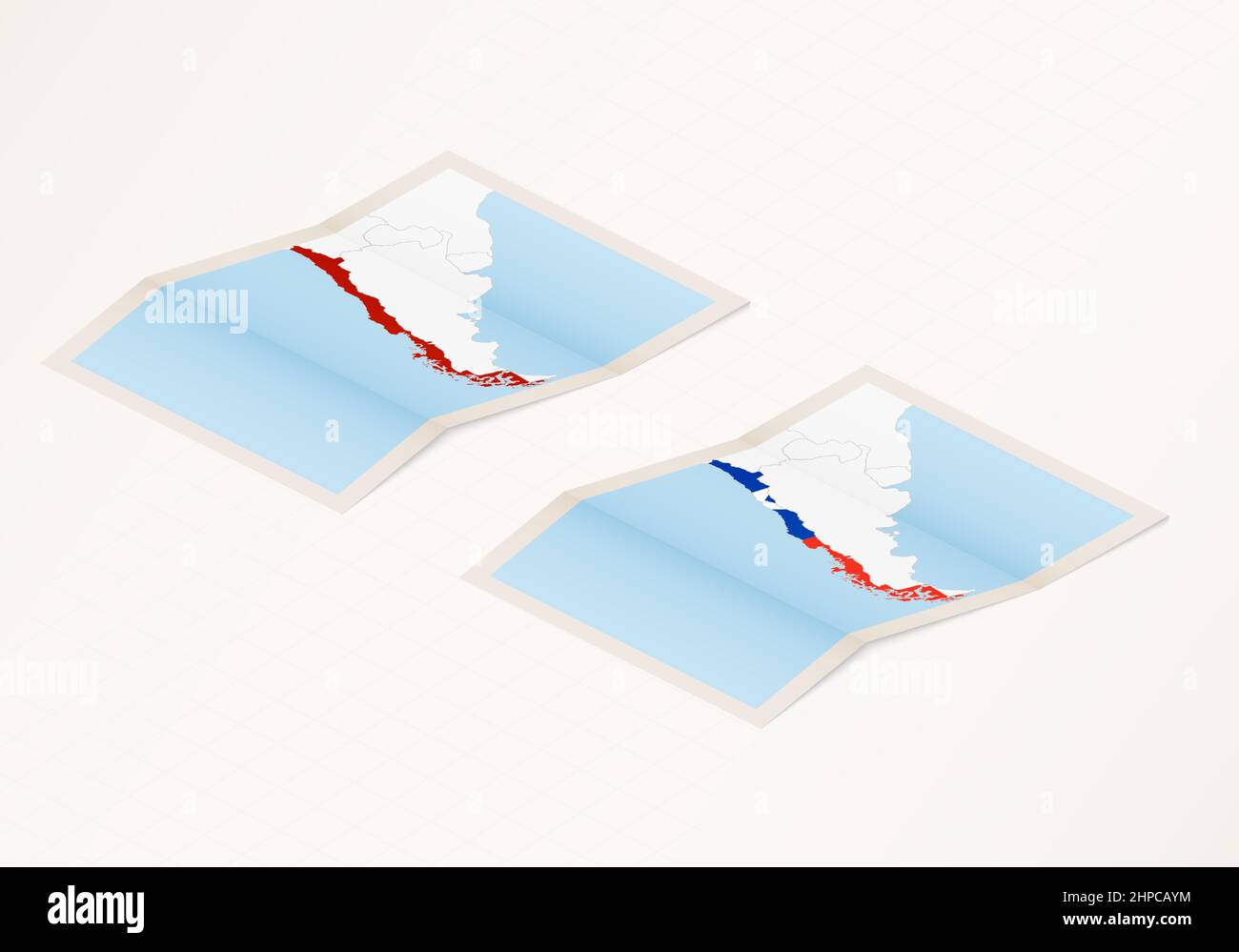 Due versioni di una mappa ripiegata del Cile con la bandiera del paese del Cile e con il colore rosso evidenziato. Set di mappe vettoriali isometriche. Illustrazione Vettoriale