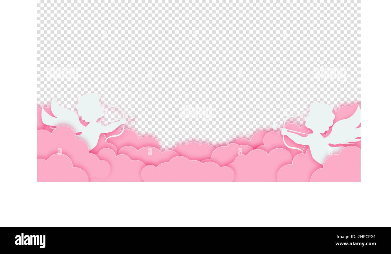 Buon San Valentino. Nuvole rosa o nuvole con amour o cupide su sfondo trasparente. Illustrazione vettoriale. Illustrazione Vettoriale