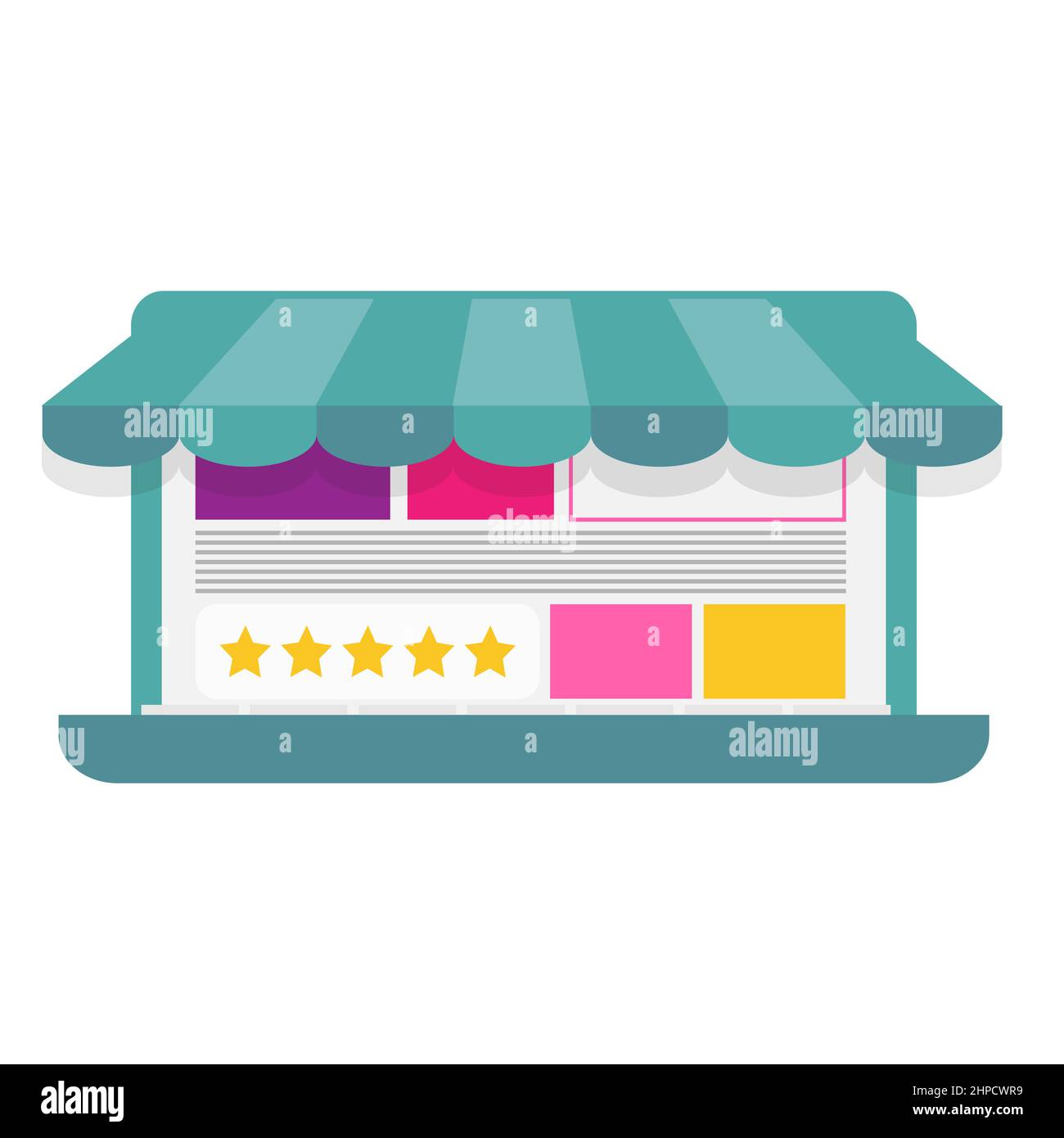 Schermo del laptop con pagina del negozio online. Concept shopping online. Marketing digitale. Notebook con tenda per web design, banner, app, landing page Illustrazione Vettoriale