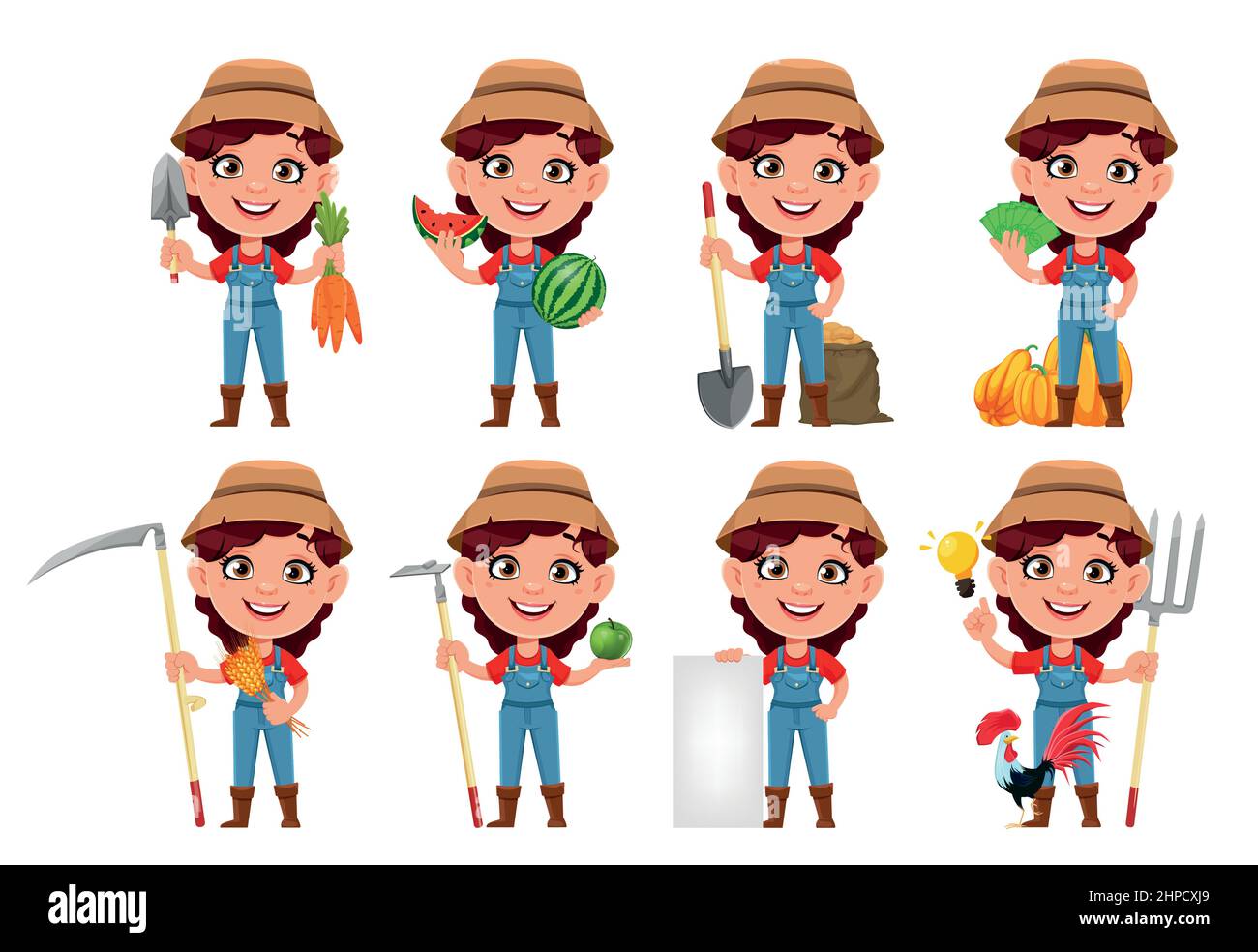 Personaggio fumetto donna contadina, set di otto pose. Carino ragazza agricoltore. Illustrazione del vettore di scorta su sfondo bianco Illustrazione Vettoriale