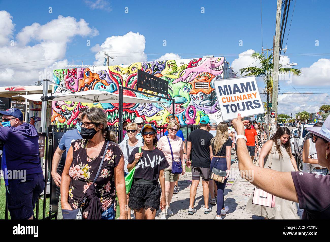 Miami Florida Wynwood Art District Walls entrata visitatori tour culinari guida con cartello arte grafica Foto Stock