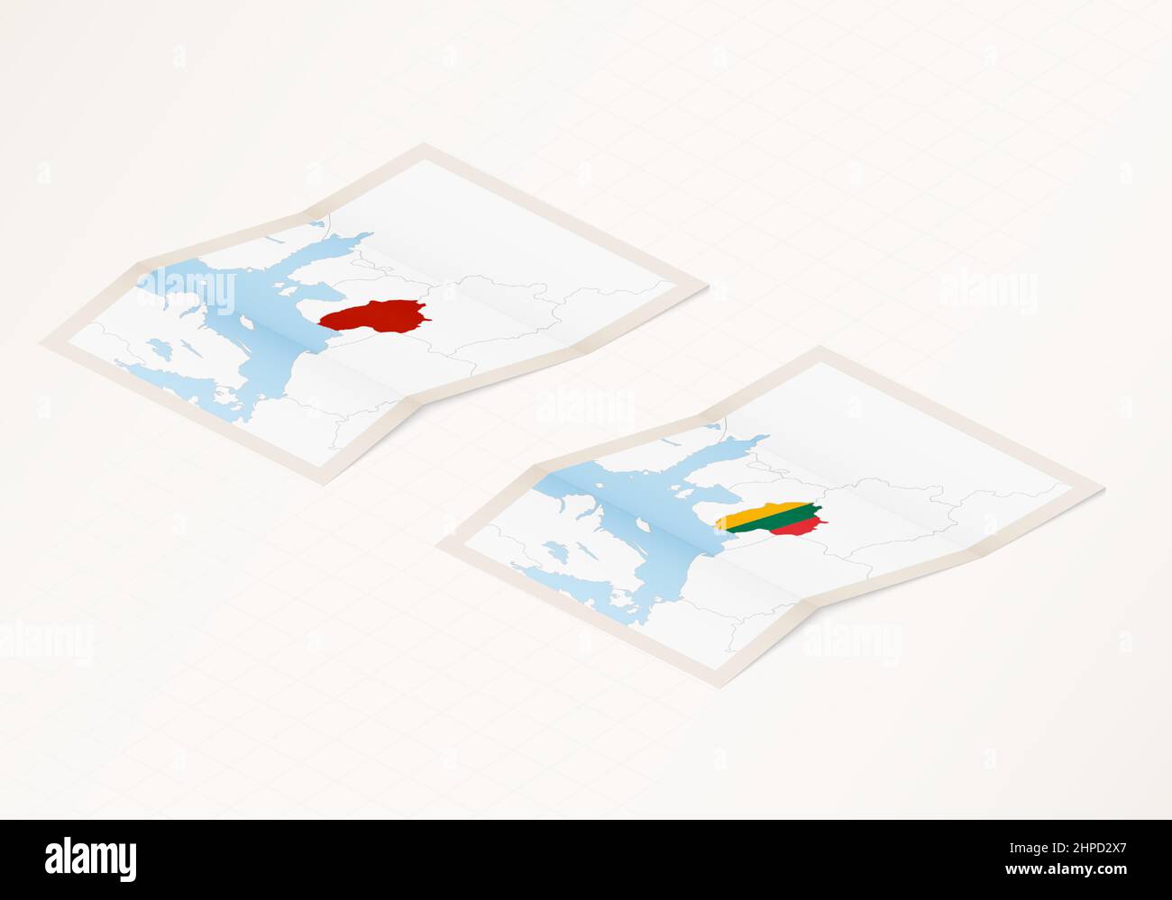 Due versioni di una mappa ripiegata della Lituania con la bandiera del paese lituano e con il colore rosso evidenziato. Set di mappe vettoriali isometriche. Illustrazione Vettoriale