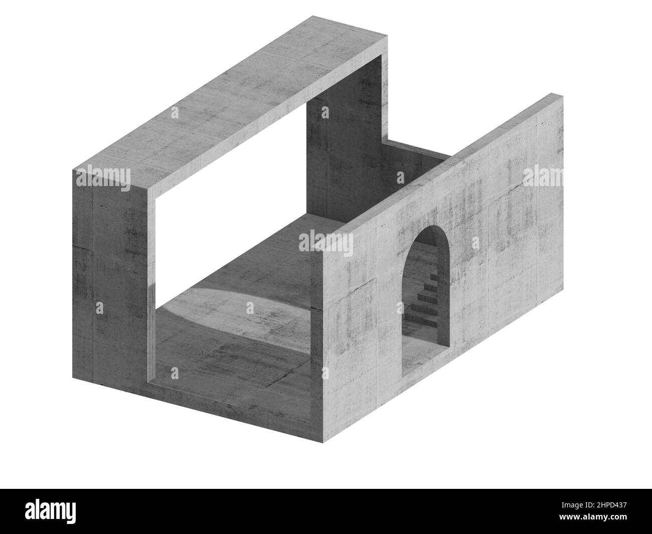 Oggetto architettonico isolato su sfondo bianco, edificio in cemento con scale e arco. 3d illustrazione del rendering Foto Stock