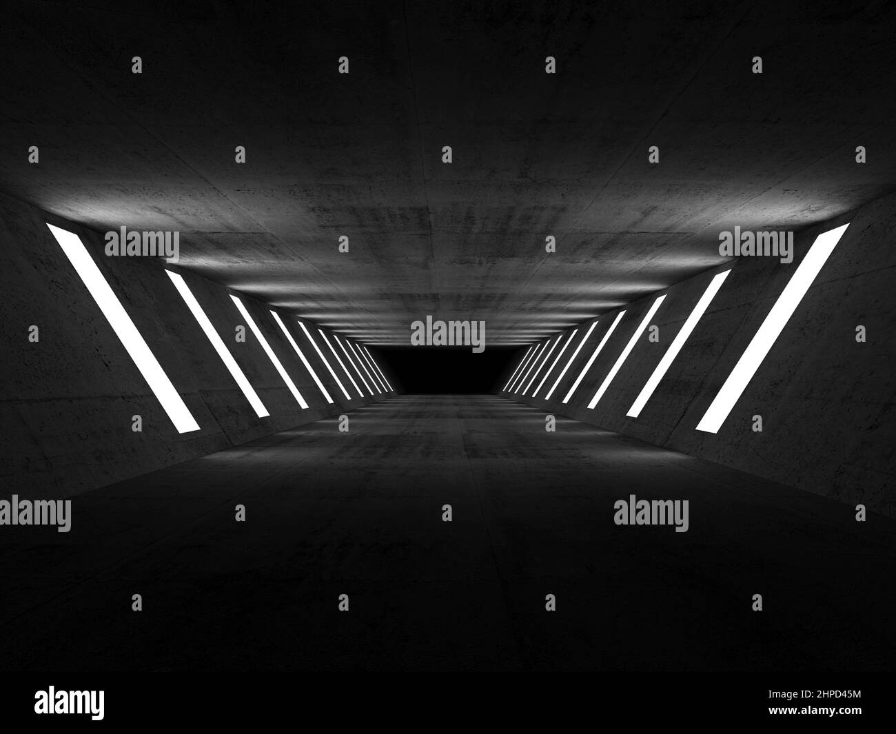Prospettiva tunnel in cemento scuro vuoto con illuminazione a parete, sfondo interno astratto, illustrazione di rendering 3D Foto Stock