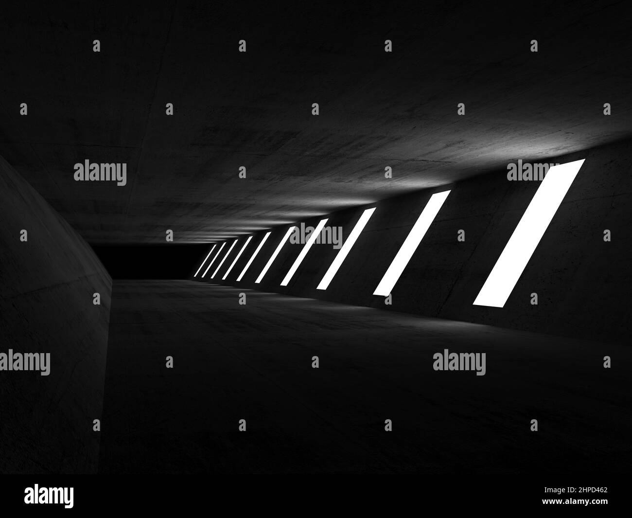 Prospettiva tunnel in cemento scuro con luci in linea sulla parete destra, sfondo interno astratto, illustrazione di rendering 3D Foto Stock