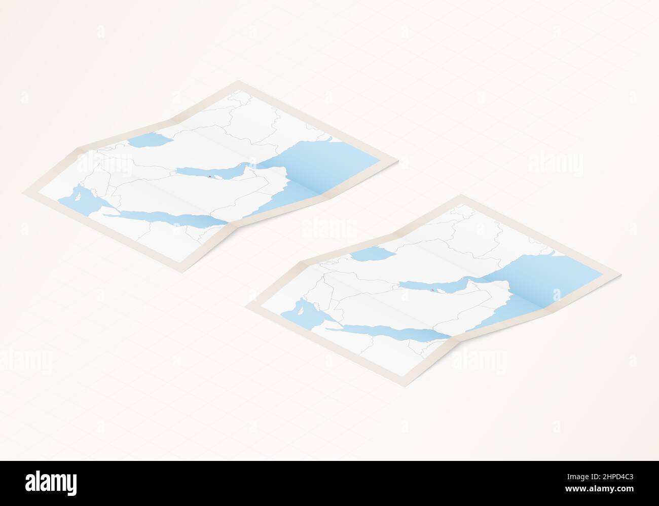 Due versioni di una mappa ripiegata del Bahrain con la bandiera del paese del Bahrain e con il colore rosso evidenziato. Set di mappe vettoriali isometriche. Illustrazione Vettoriale