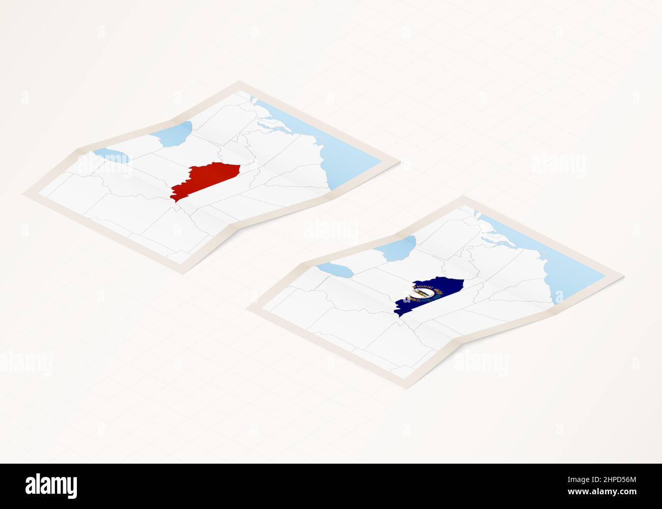 Due versioni di una mappa ripiegata del Kentucky con la bandiera del paese del Kentucky e con il colore rosso evidenziato. Set di mappe vettoriali isometriche. Illustrazione Vettoriale