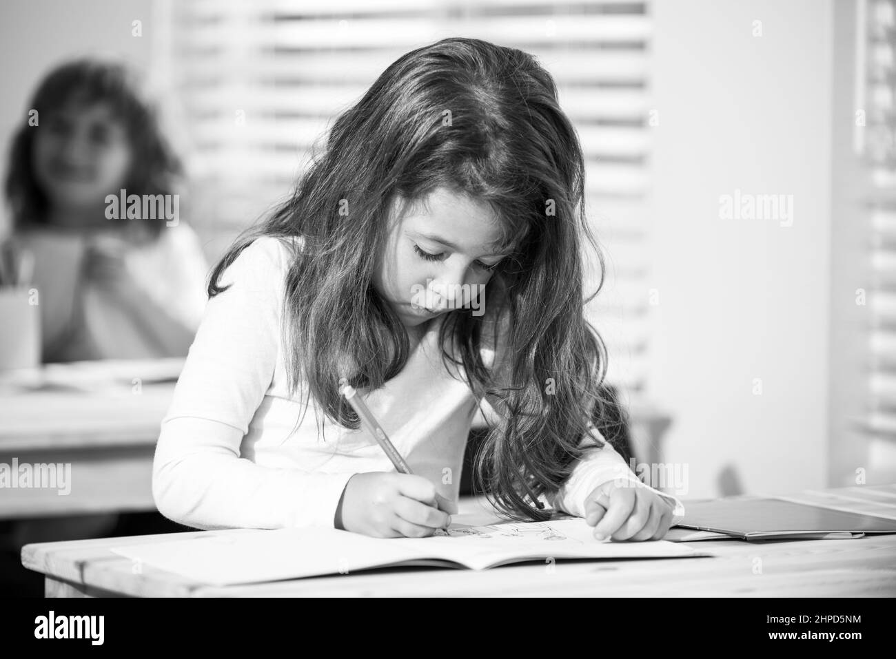 Studentessa concentrata seduta alla scrivania e scrivendo nel libro di esercitazione con il compagno di classe seduto dietro. Foto Stock