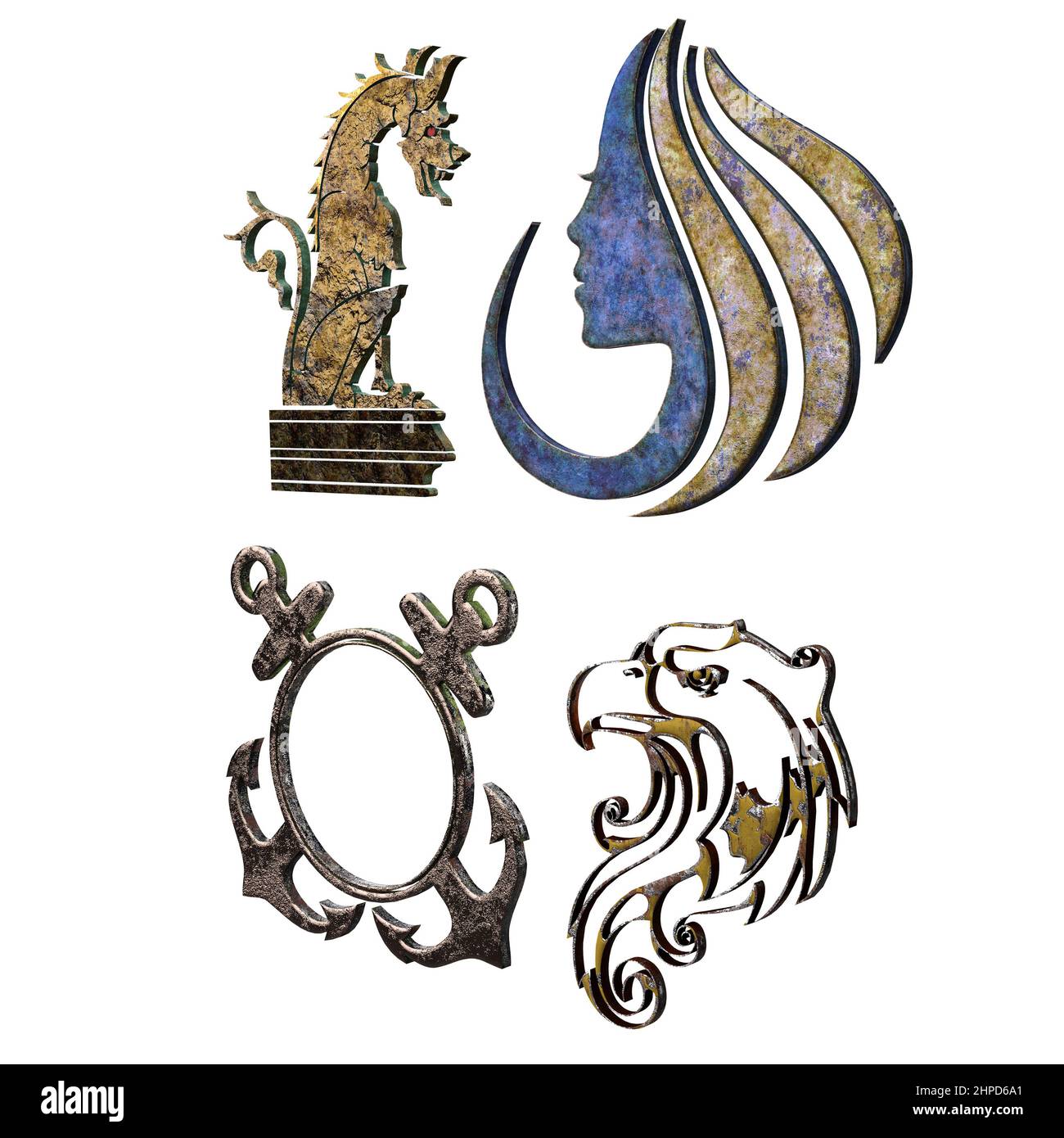 Aquila, Drago, ancora, Set di simboli del volto della donna, in materiali naturali, 3D Illustrazione, 3D rendering Foto Stock