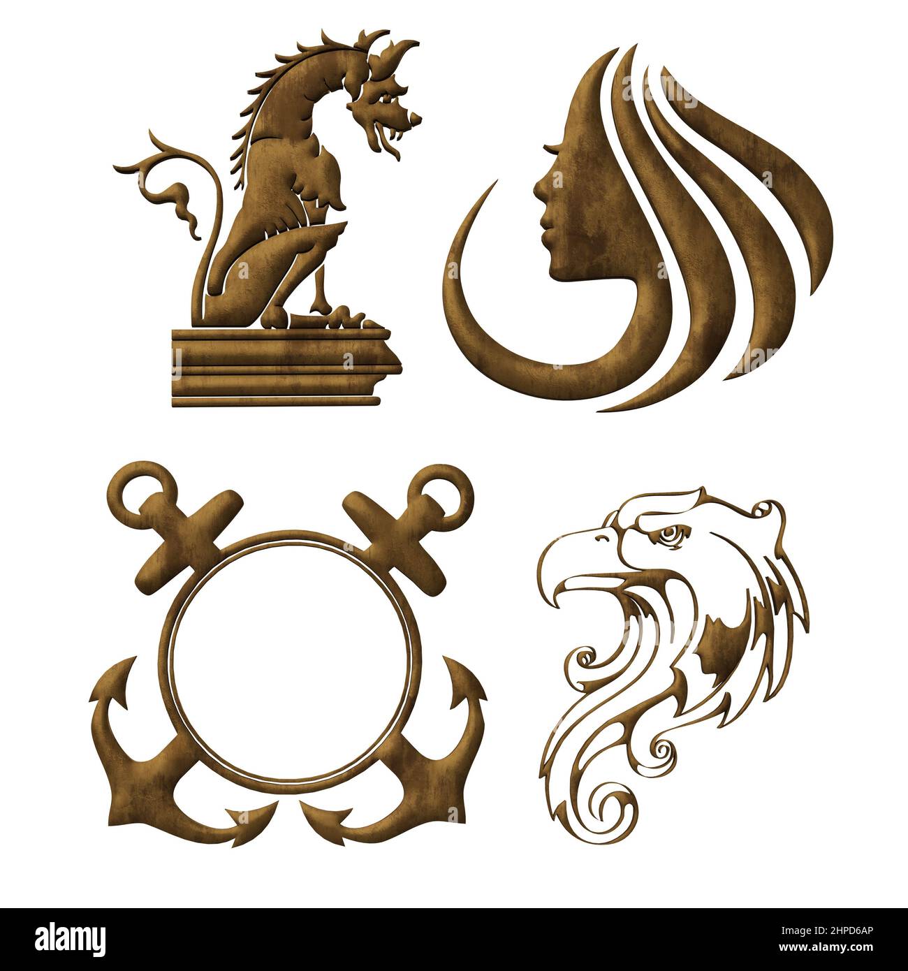 Aquila, Drago, ancora, Set di simboli del volto della donna, in materiali naturali, 3D Illustrazione, 3D rendering Foto Stock