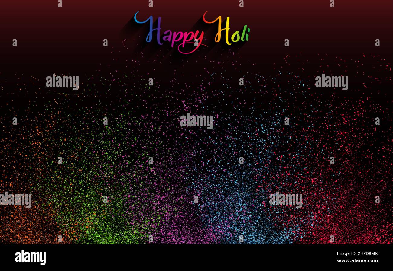 Gulaal colorato, colore polvere, festa indiana per Happy Holi carta con colorata esplosione modellato e cristalli su carta colore nero sfondo Illustrazione Vettoriale