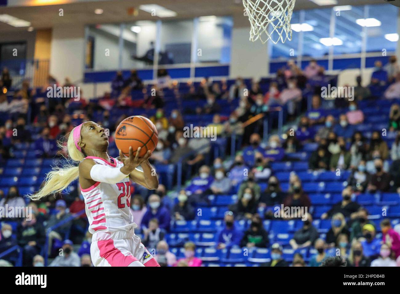 Newark, DE, Stati Uniti. 20th Feb 2022. Delaware Guardia JASMINE DICKEY (20) guida al basket durante una partita di basket della stagione coloniale dell'associazione atletica domenica 20 febbraio 2022; al Bob Carpenter Center a Newark, DE. (Credit Image: © Saquan Stimpson/ZUMA Press Wire) Foto Stock