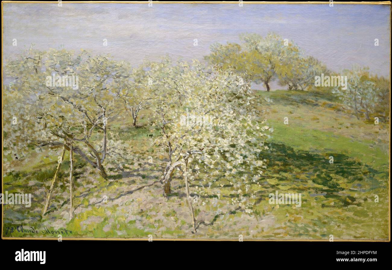 Titolo: Primavera (alberi da frutto in fiore) Creatore: Claude Monet Data: 1873 dimensioni: 62,2 x 100,6 cm terreno: Olio su tela luogo: Il Metropolitan Museum of Art Foto Stock