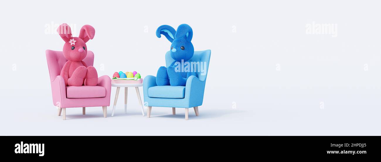 Carino coniglietti pasquali seduti in poltrone con le uova dipinte. Concetto di Pasqua su sfondo bianco 3D rendering illustrazione 3D Foto Stock