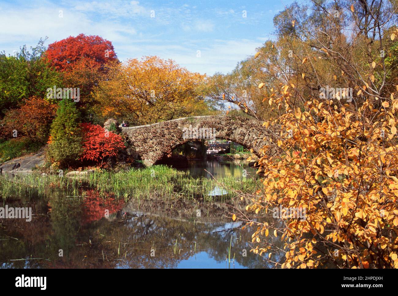 Central Park New York, fogliame autunnale. The Pond, Gapstow Bridge, Hallett Nature Sanctuary, Central Park Conservancy. New York Scaliics USA Foto Stock