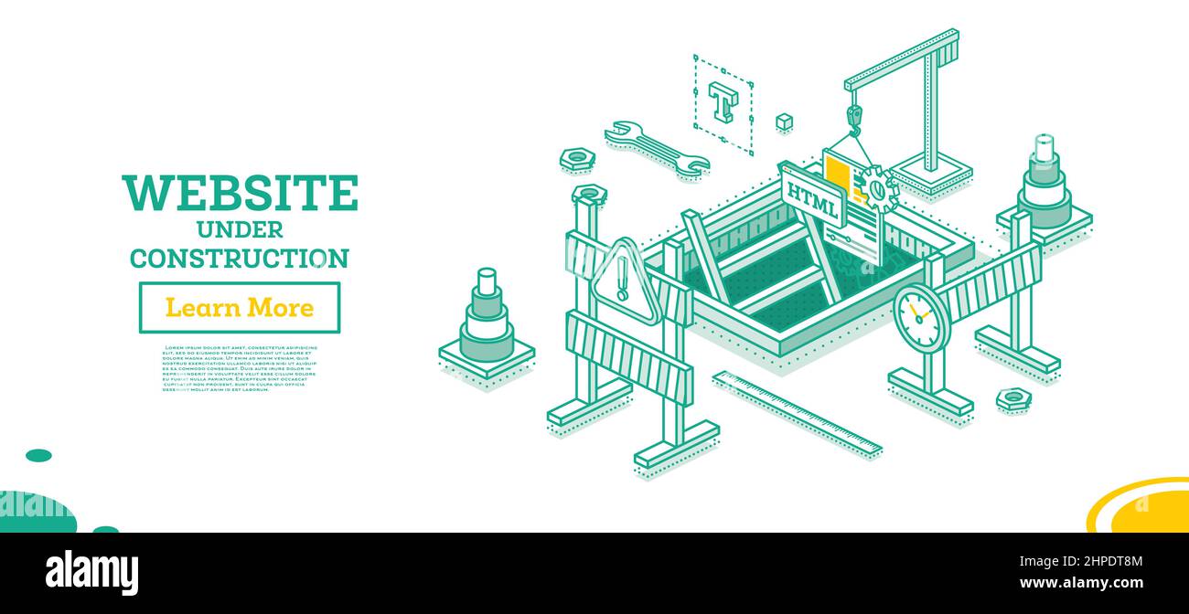 Pagina Web del sito Web in costruzione. Illustrazione vettoriale. Concetto di contorno isometrico. Coni stradali e barriera stradale. Gru abbassare l'elemento Design Illustrazione Vettoriale