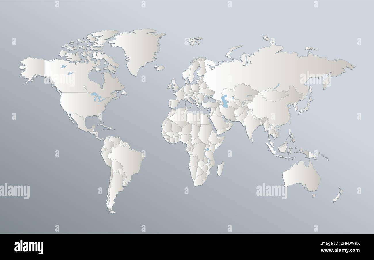 Mappa del mondo, carta da cartolina bianca blu 3D, raster modello vuoto Foto Stock