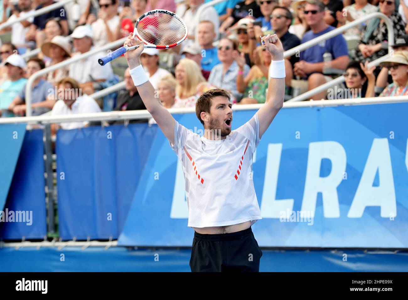 DELRAY BEACH: FL - Febbraio 20 - Delray Beach: Cameron Norrie(GBR) festeggiamo qui, sconfigge Rielly Opelka(USA) 76(1) 76(4) per vincere il Delray Beach Open 2022 di Vitacost Championship tenuto a Delray Beach, FL. Delray Beach, Florida. Febbraio 20, 2022. Credit: Andrew Patron/MediaPunch Foto Stock