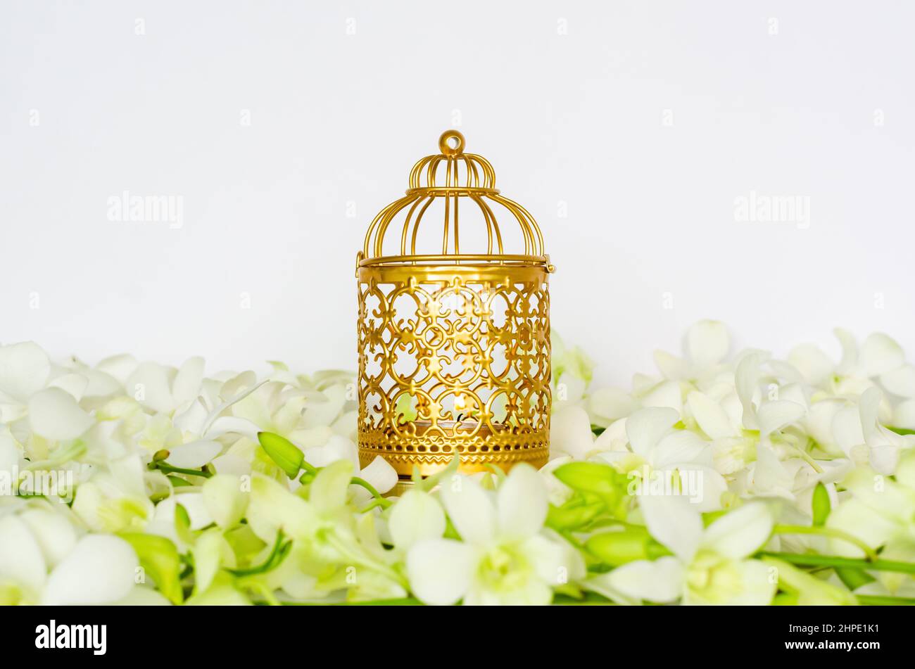 Lanterna dorata con fiore bianco di orchidea per la festa musulmana del mese santo di Ramadan Kareem. Foto Stock