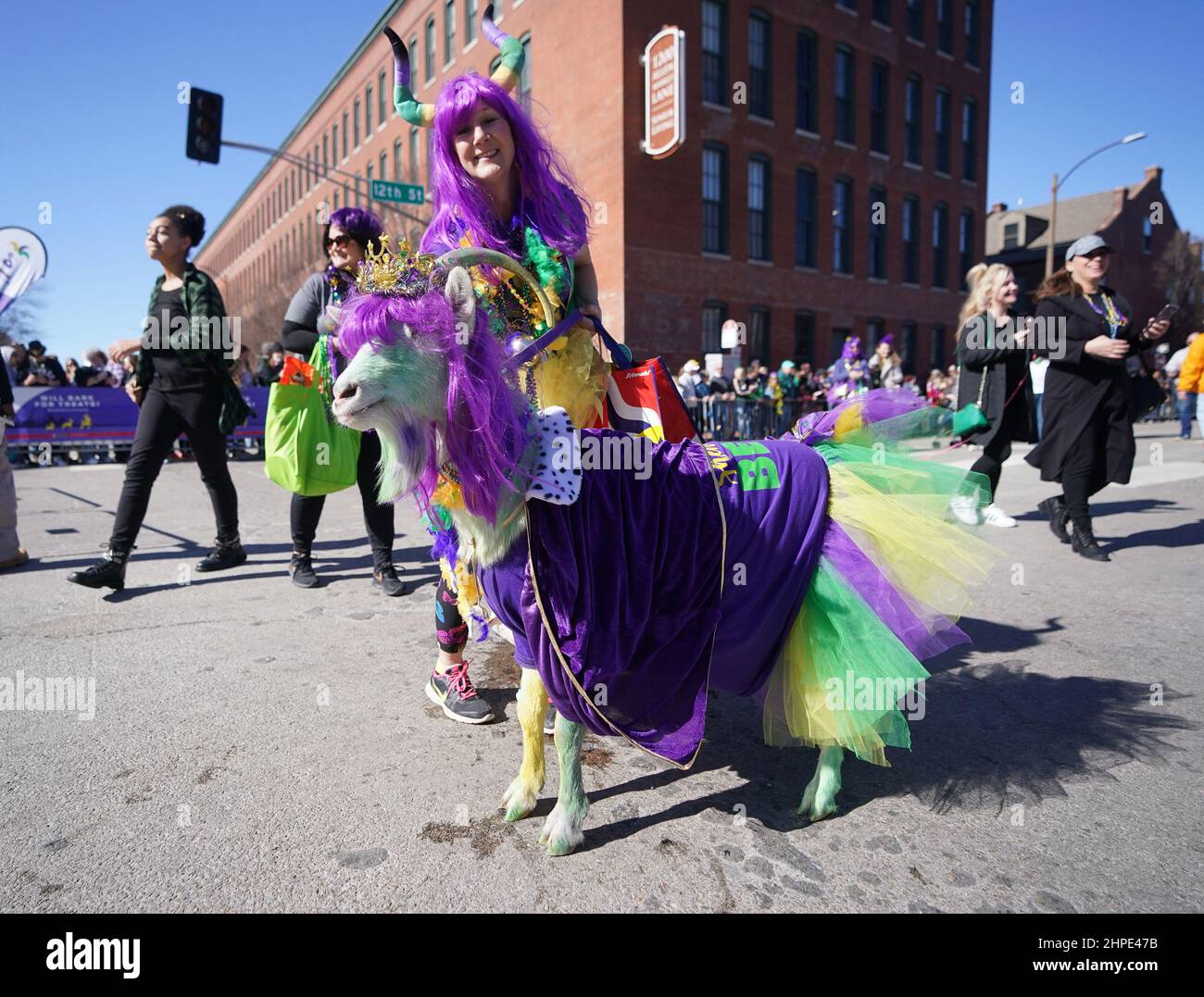 St. Louis, Stati Uniti. 20th Feb 2022. Glenda Drier porta la sua capra decorata Gerri, lungo la strada durante l'inizio della Purina PET Parade attraverso il quartiere Soulard a St. Louis Domenica, 20 febbraio 2022. La parata degli animali è uno degli eventi che celebrano la settimana annuale del Mardi Gras di St. Louis. Foto di Bill Greenblatt/UPI Credit: UPI/Alamy Live News Foto Stock