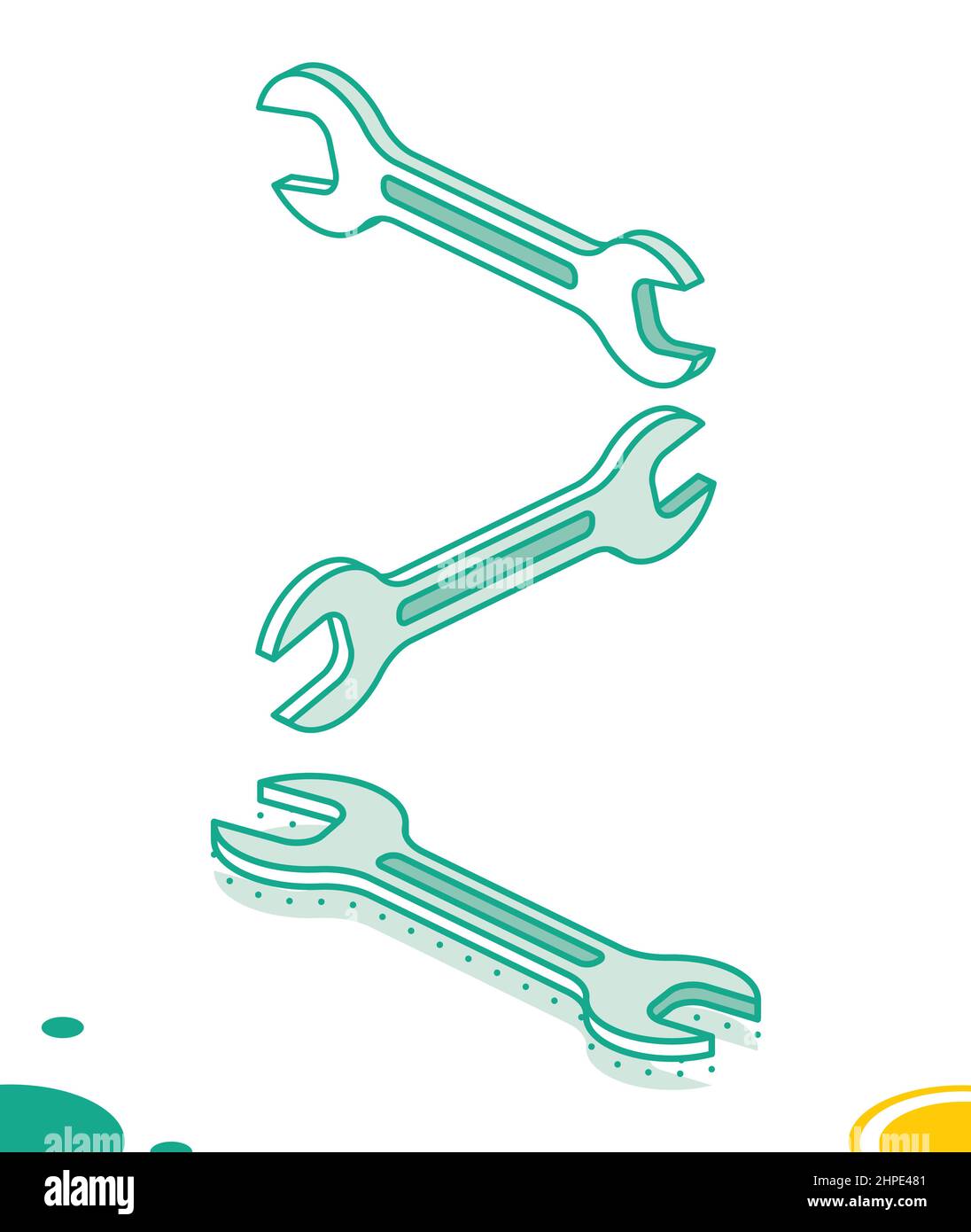 Icona chiave isometrica isolata in bianco. Illustrazione vettoriale. Chiave a profilo. Attrezzatura. Tasto verde sotto angoli diversi. Illustrazione Vettoriale