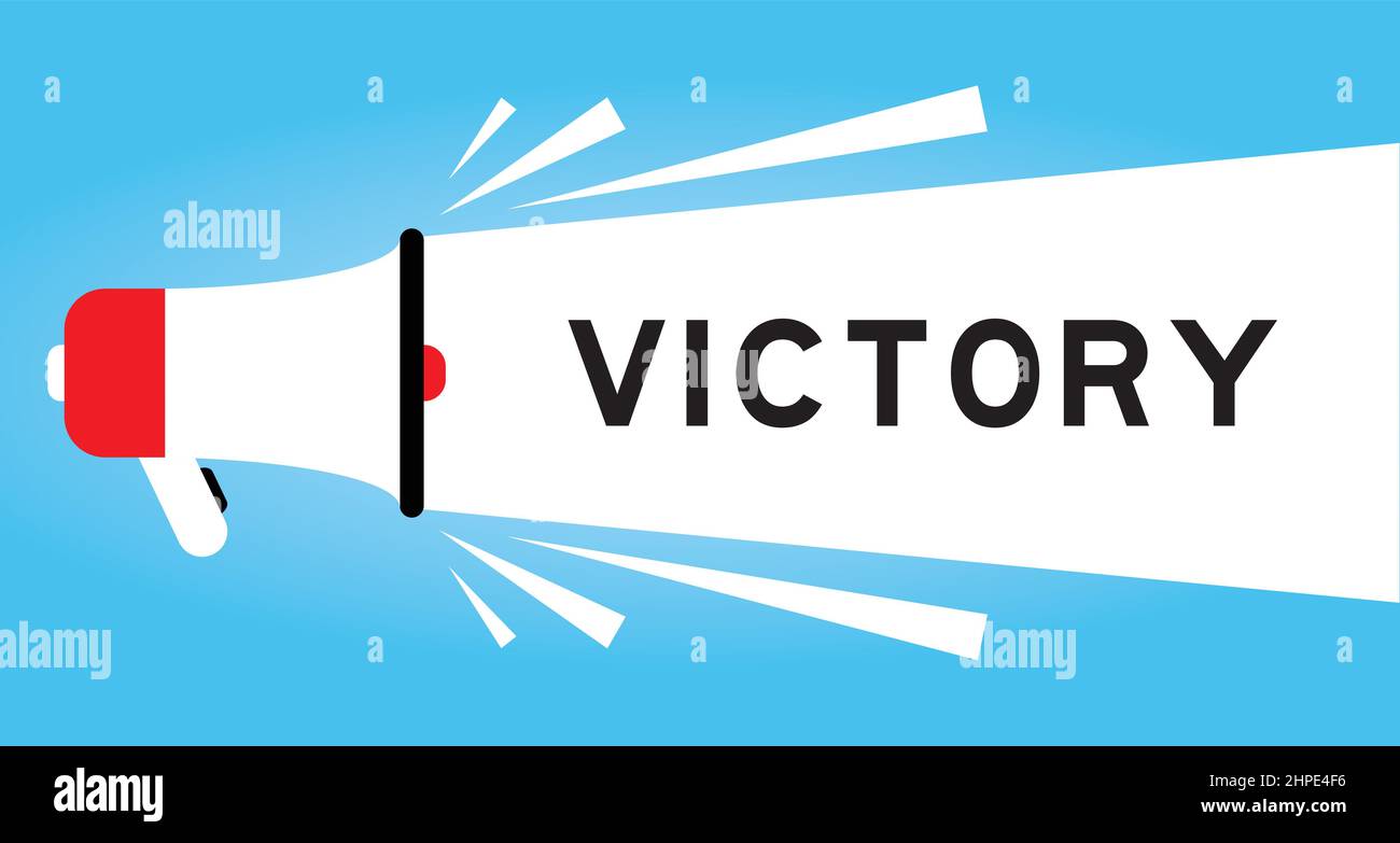Icona a colori del megphone con parola vittoria in banner bianco su sfondo blu Illustrazione Vettoriale