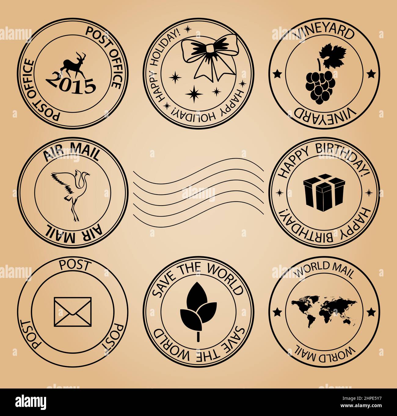 set di francobolli per vacanze ed ecologia su sfondo invecchiato - vettore Illustrazione Vettoriale