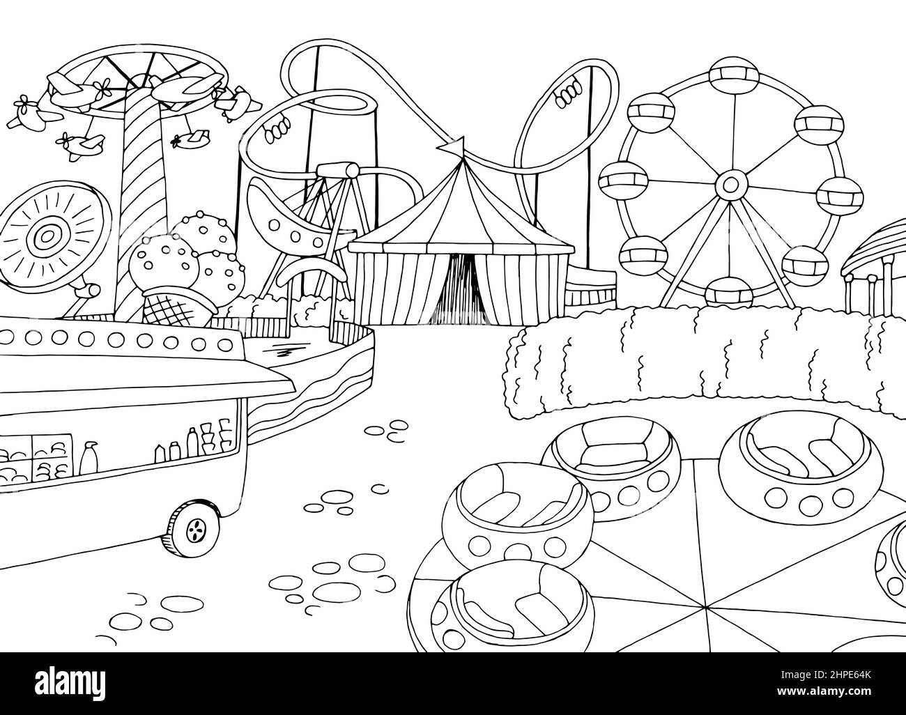 Parco di divertimento paesaggio grafico bianco nero illustrazione del disegno vettore Illustrazione Vettoriale