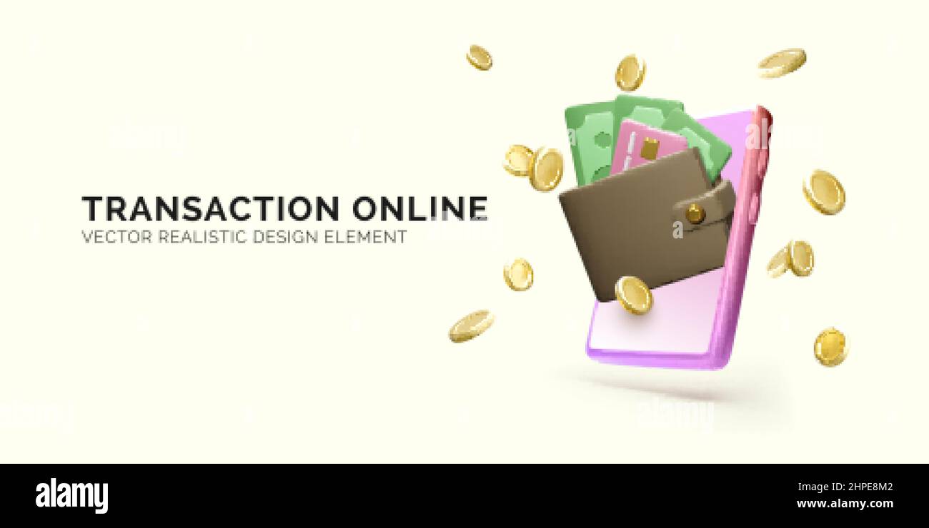 Servizi bancari e di transazione online. Concetto realistico di cartone animato. Telefono con portafoglio 3D con carta di credito e carta di denaro e monete d'oro volanti. VECTO Illustrazione Vettoriale