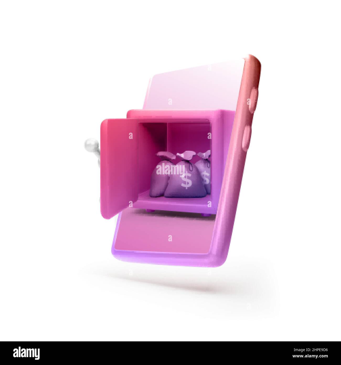 Telefono cellulare realistico 3D con cassaforte sullo schermo con porta aperta e borse di denaro all'interno. Concetto di denaro per la sicurezza e la protezione. Vettore Illustrazione Vettoriale