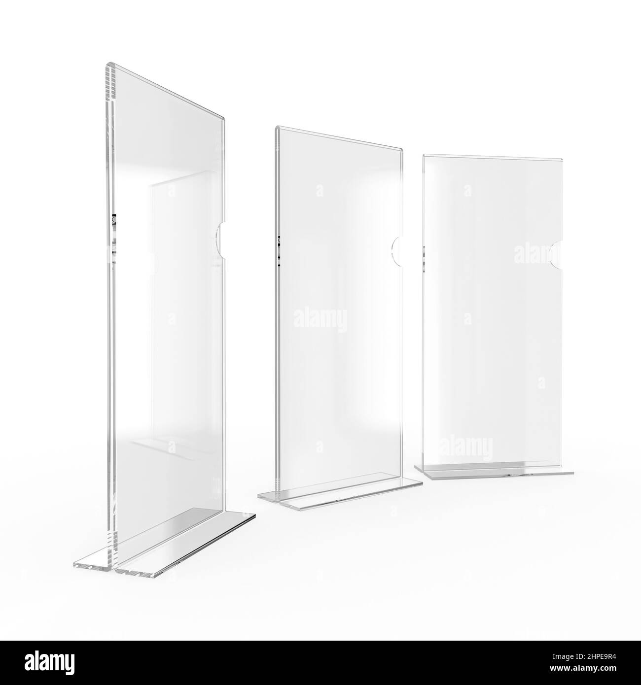 Vista prospettica del tavolo in acrilico bianco DL 3 per il ristorante o la brochure dell'evento. 3D rappresentazione illustrazione Foto Stock