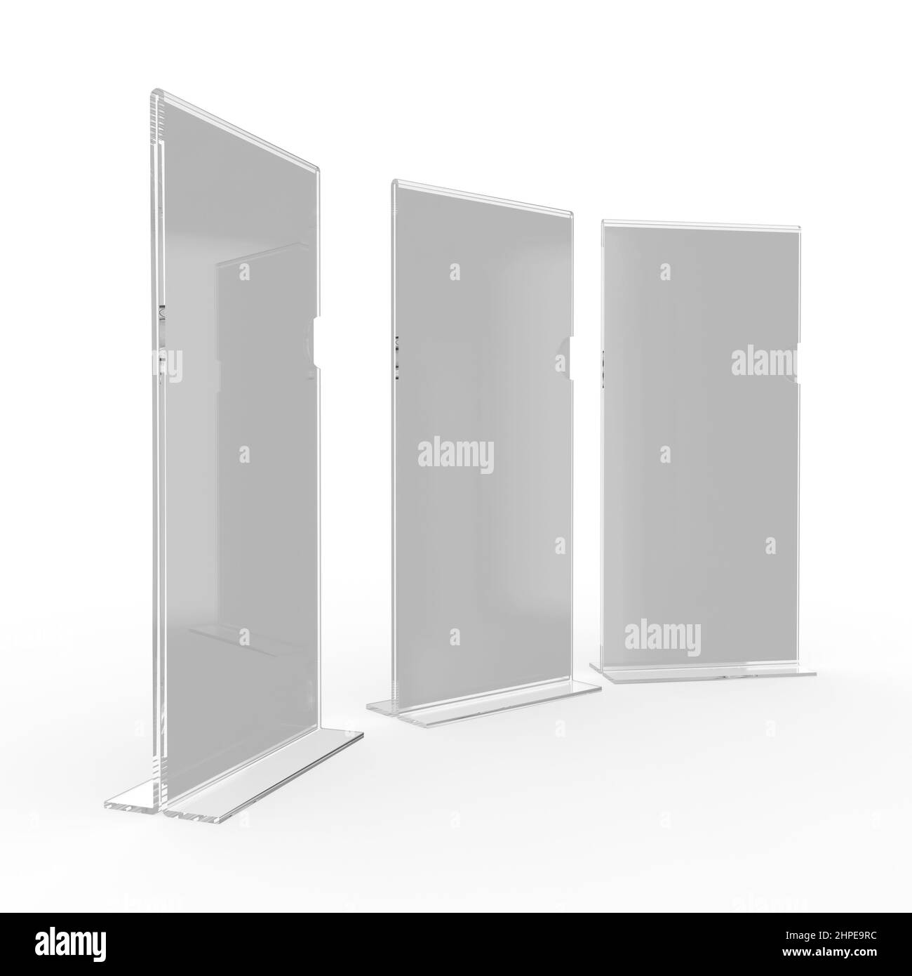 Vista prospettica del 3 Gray Acrylic Table Top DL Advertising Table Talker Brochure Stand, isolato su sfondo bianco. 3D Illustrazione del rendering Foto Stock