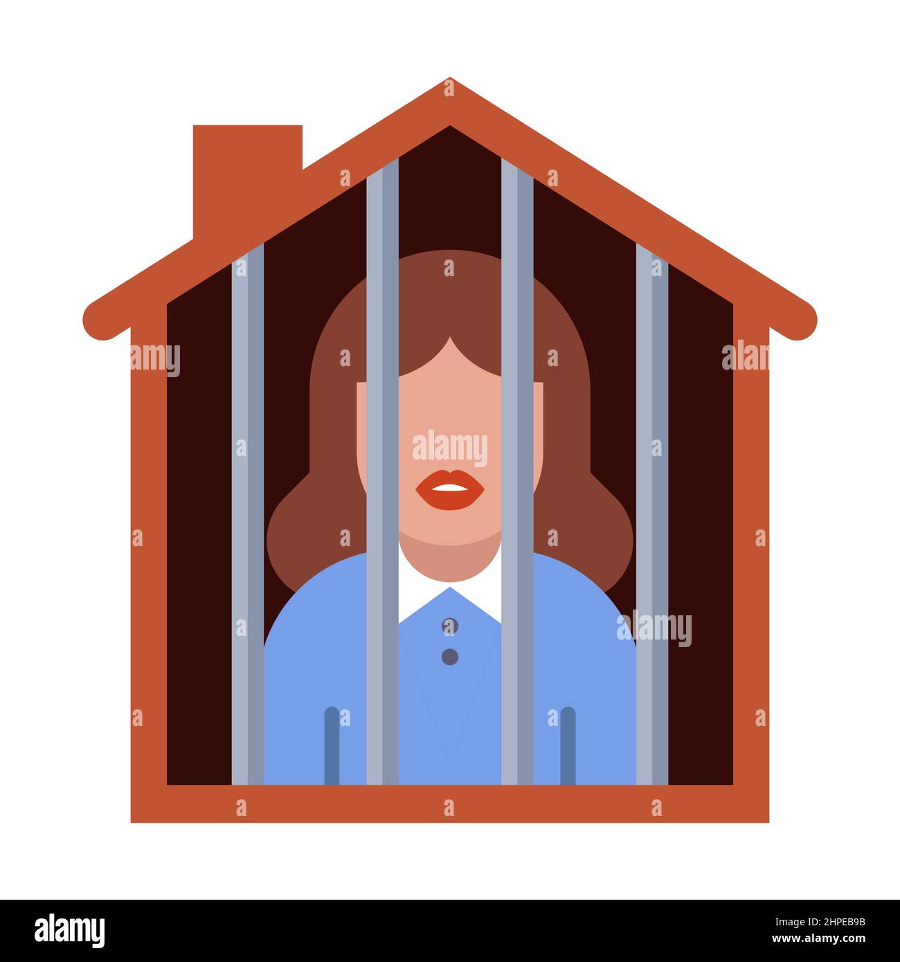 ragazza all'arresto della casa. donna casalinga in una gabbia. illustrazione vettoriale piatta. Illustrazione Vettoriale