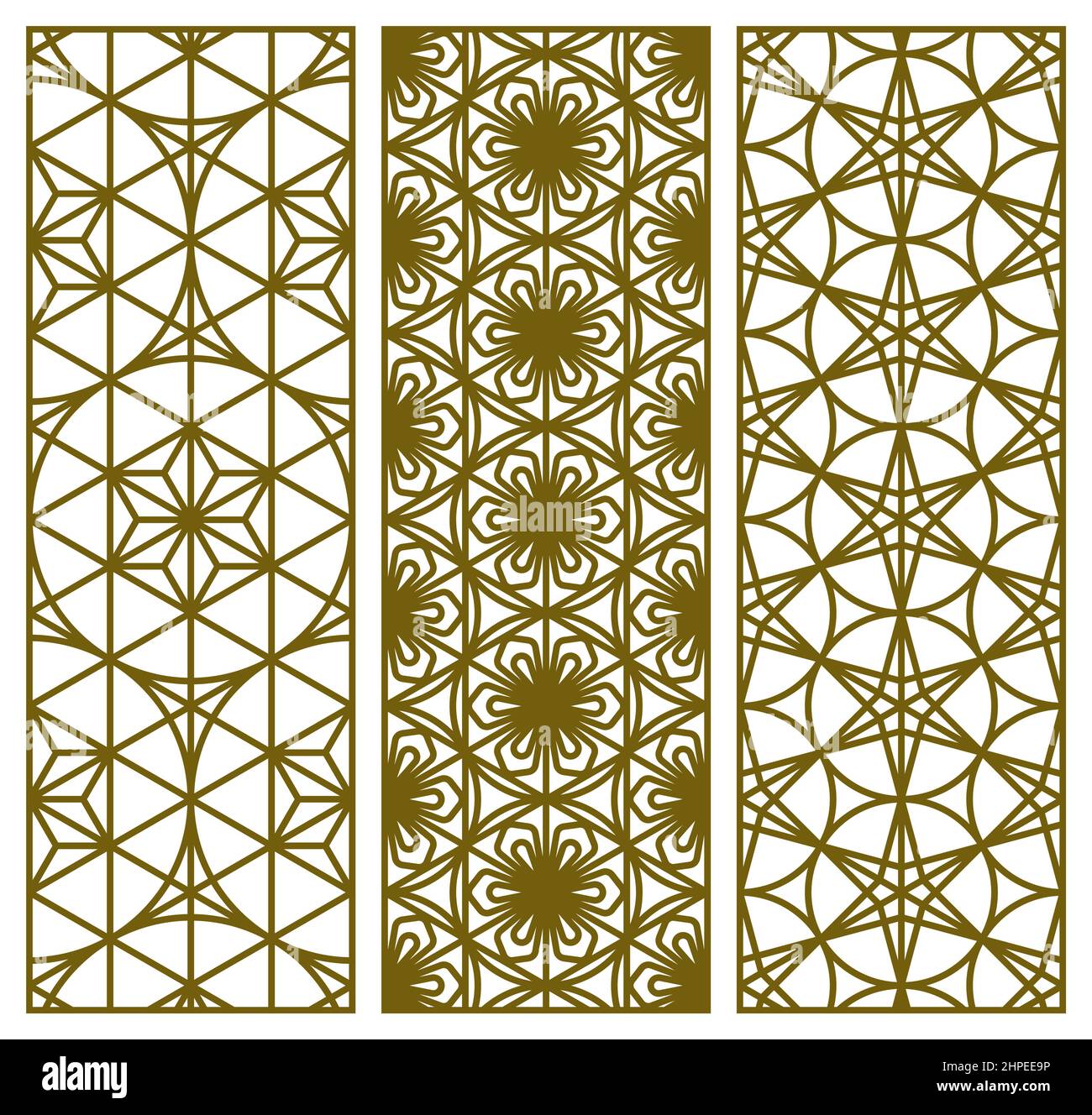 Un insieme di tre modelli nei pannelli geometrici giapponesi in stile Kumiko con motivi basati su un reticolo esagonale. Il rapporto è 3x1. Per metallo, legno, Illustrazione Vettoriale