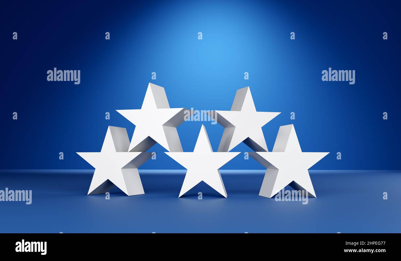 Cinque stelle che si esibiscono sul palco con sfondo blu cinque stelle mostrano il premio Concept 3D rendering. Foto Stock