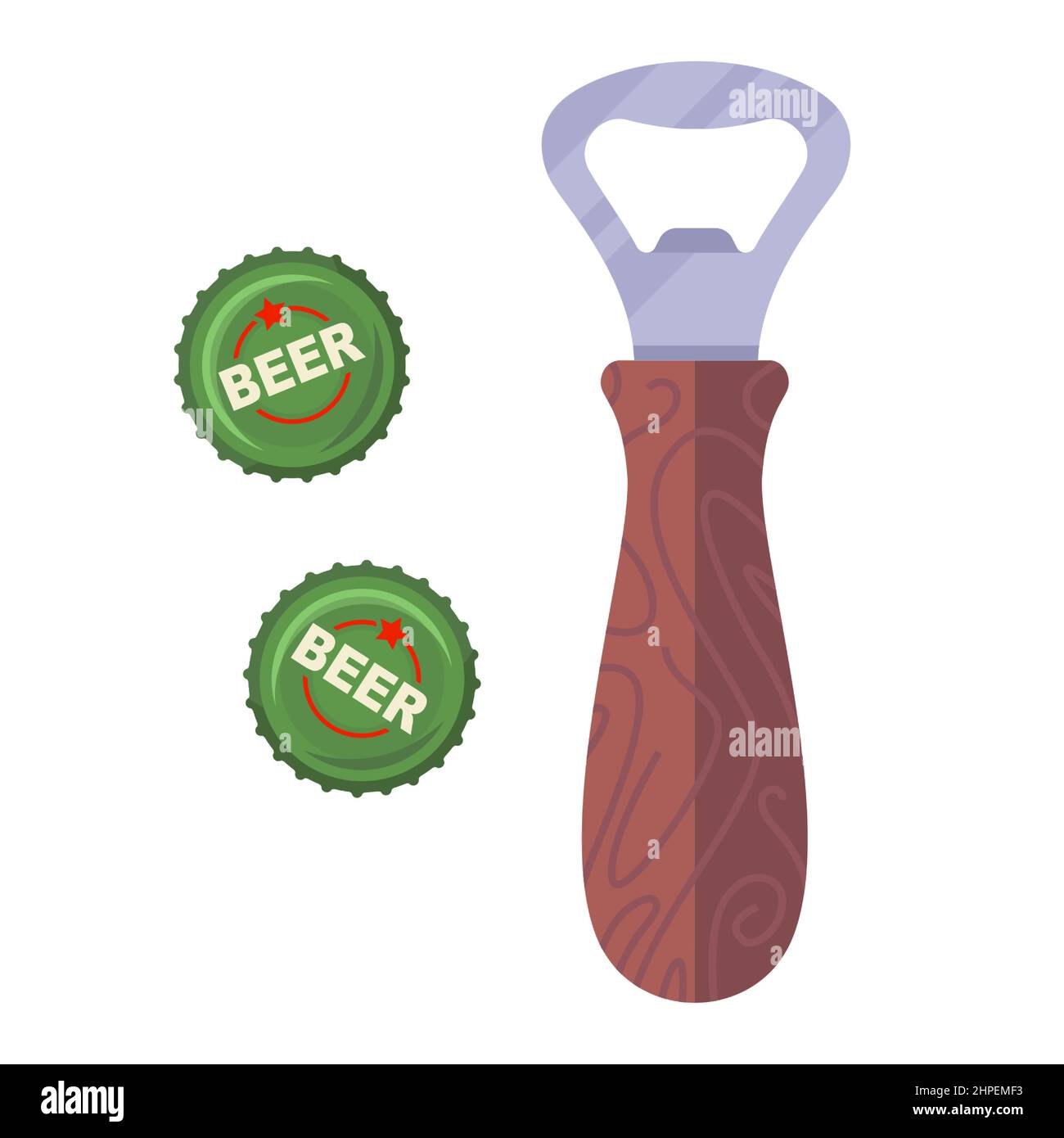 apribottiglie per birra in ferro con tappi imbevuto di alcol. illustrazione vettoriale piatta. Illustrazione Vettoriale