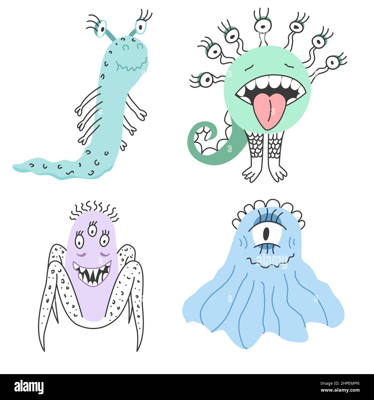 Mostri insieme di caratteri di doodle vettoriali. Inventato fumetti mostri Illustrazione Vettoriale