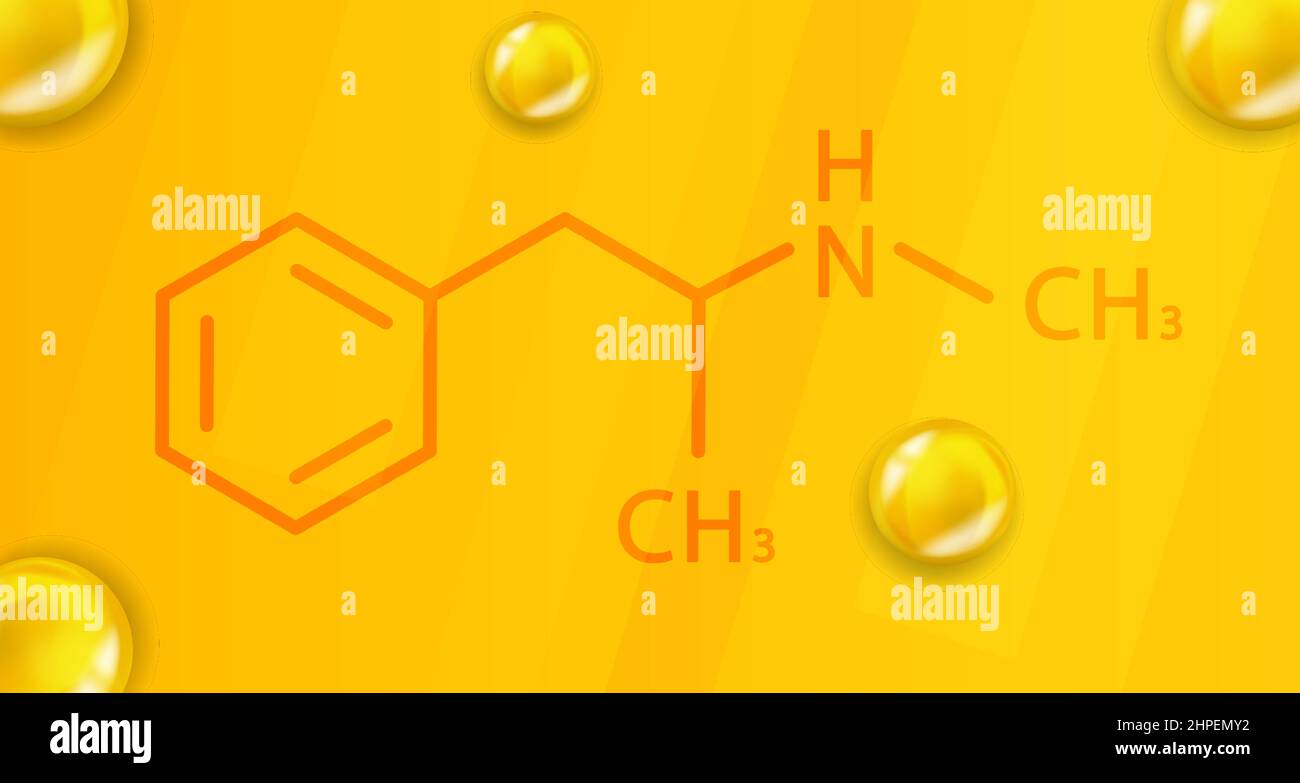 Formula chimica della metamfetamina. Metamfetamina 3D struttura molecolare chimica realistica Illustrazione Vettoriale