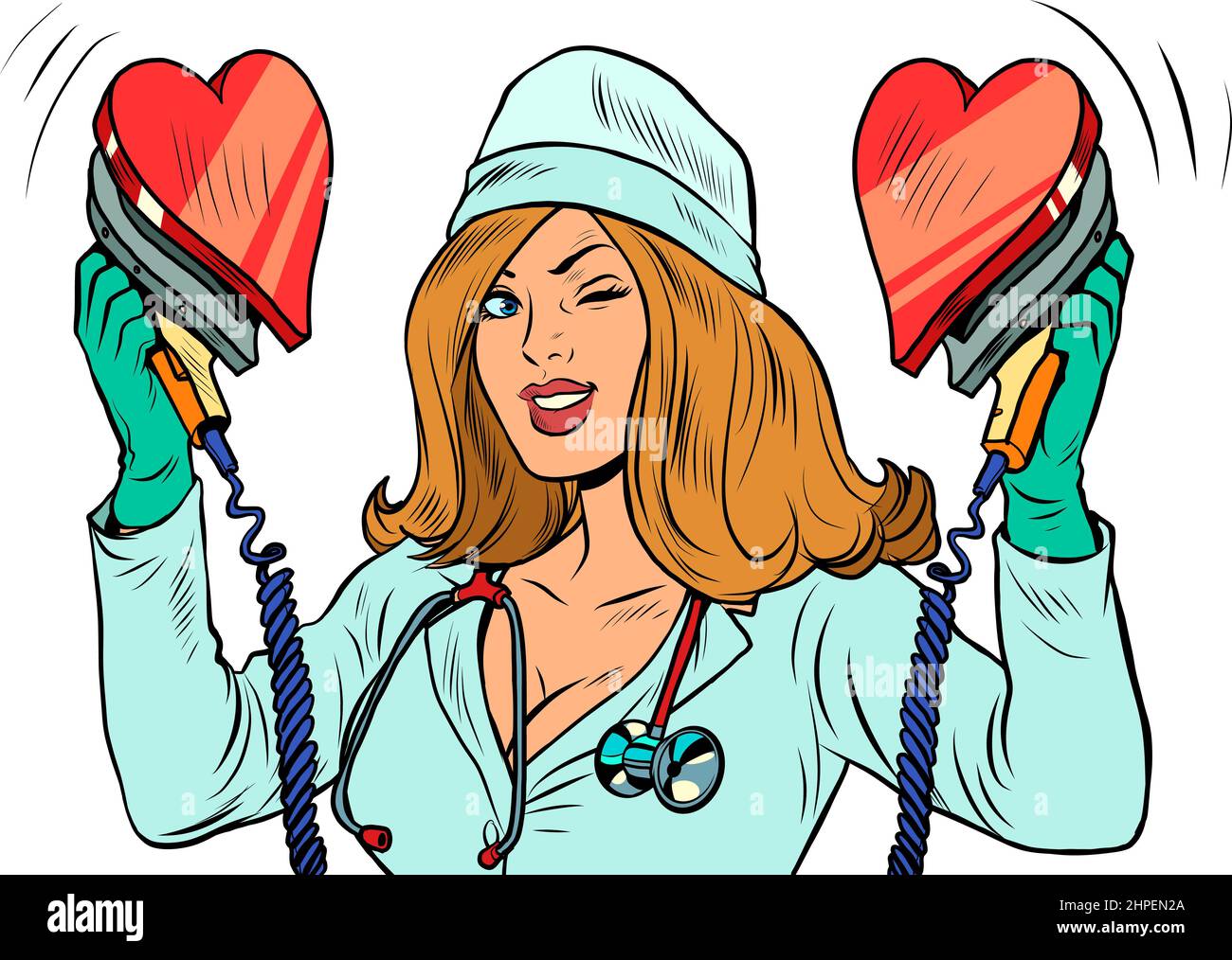 Defibrillatore. L'infermiere risuscita il cuore. Amore romanticismo, San Valentino simbolo Illustrazione Vettoriale
