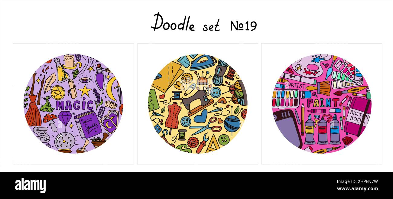 Grande vettore cucito doodle, magico, set di vernice. Sartoria vettoriale, Halloween, icone degli strumenti dell'artista. Manichino da cucire, macchina, misurazione e taglio Illustrazione Vettoriale