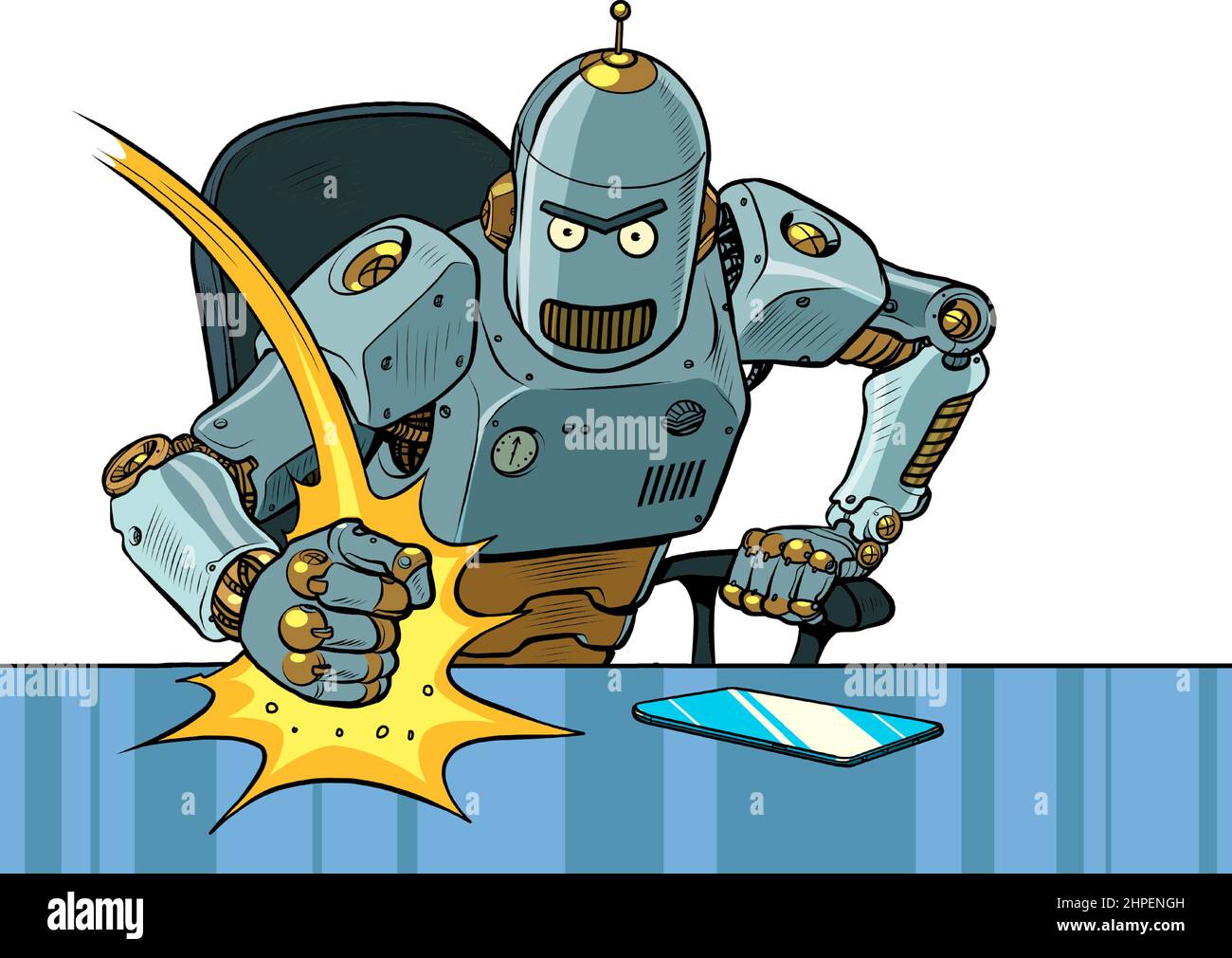 Il male boss robot colpisce il tavolo con il pugno. Emozioni in ufficio. Boss arrabbiato Illustrazione Vettoriale