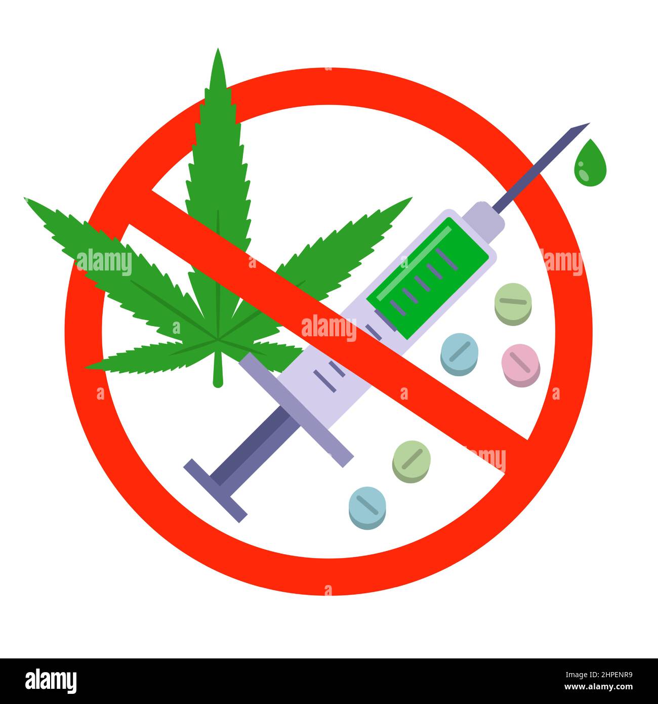 un divieto di qualsiasi tipo di droga, un segnale di avvertimento sui pericoli delle sostanze stupefacenti, un'illustrazione vettoriale piatta isolata su sfondo bianco. Illustrazione Vettoriale