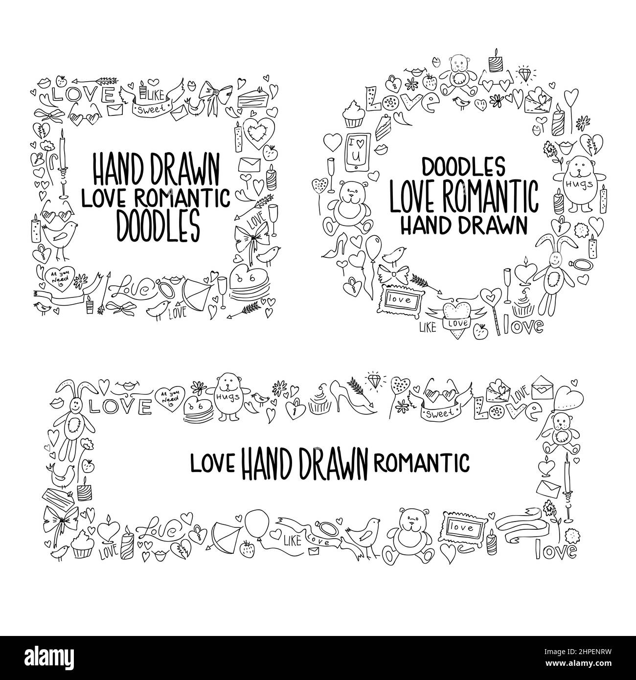 Illustrazione vettoriale di icone di doodle di amore disegnate a mano Illustrazione Vettoriale