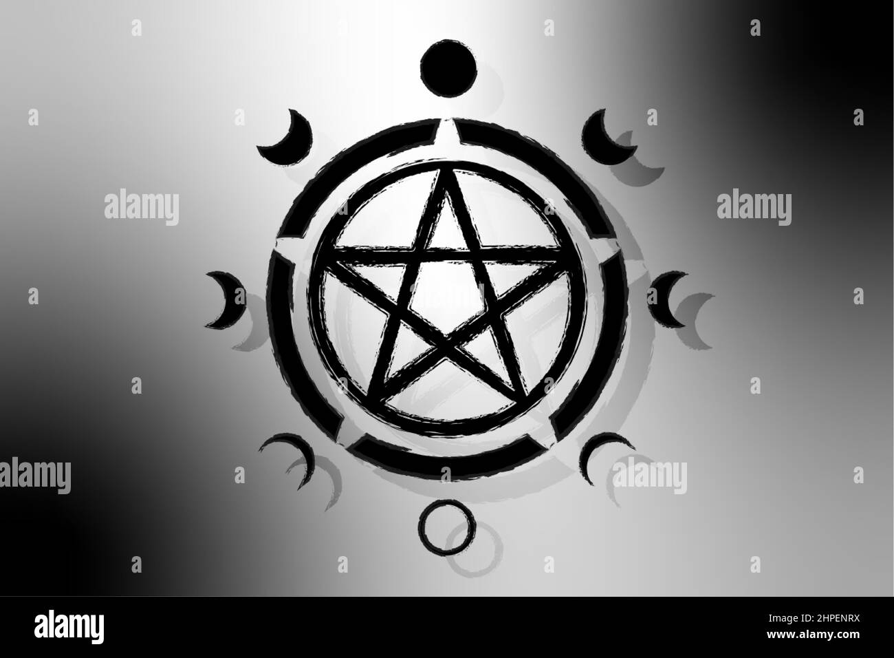 Simbolo del cerchio del pentacolo e fasi della luna. Simbolo di Wiccan, luna piena, depilazione, ceretta, primo trimestre, gibbous, mezzaluna, terzo trimestre. Segno vettoriale Illustrazione Vettoriale