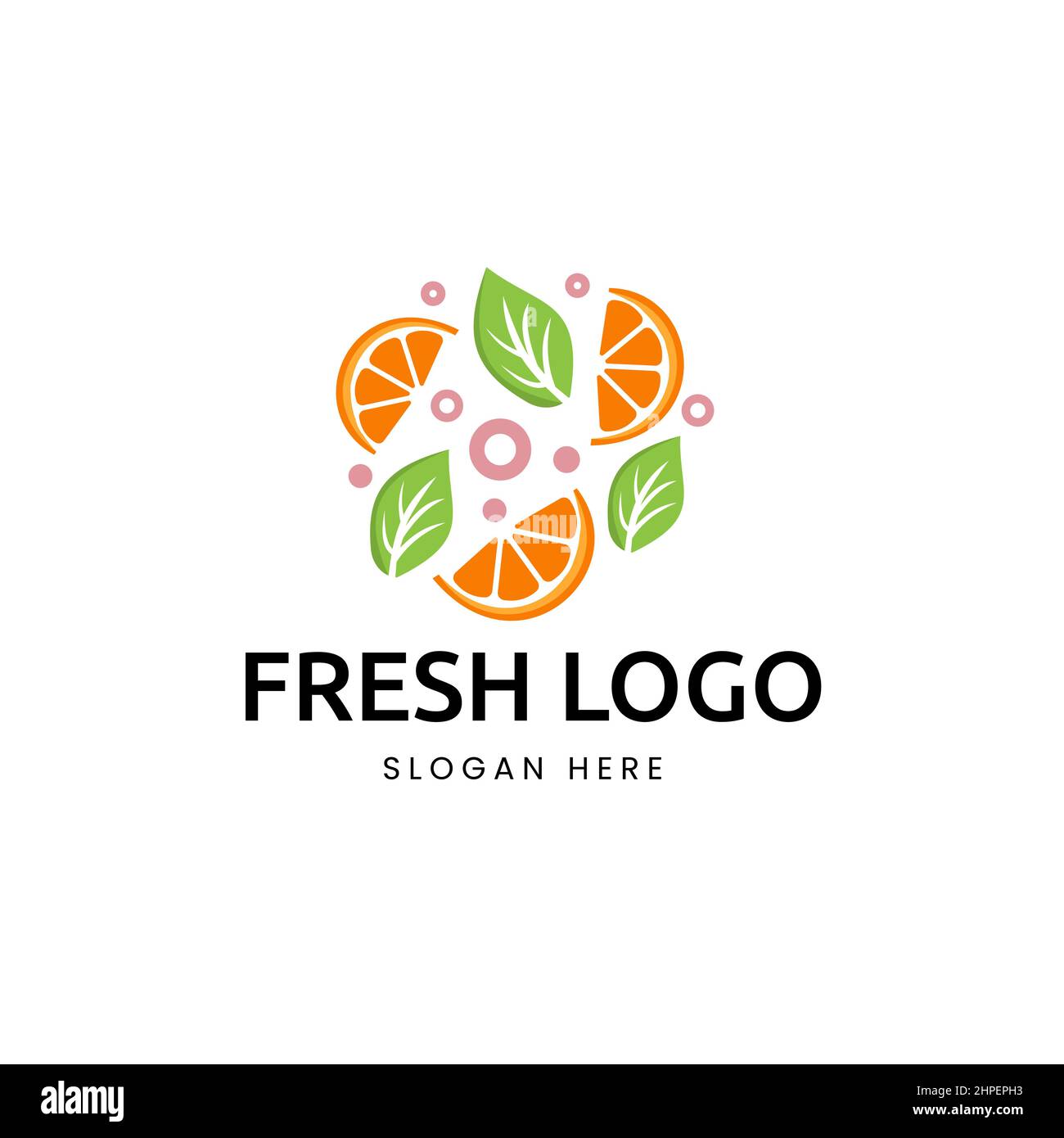Il logo Fresh Orange Slice e le foglie possono essere utilizzati per i negozi di frutta Illustrazione Vettoriale