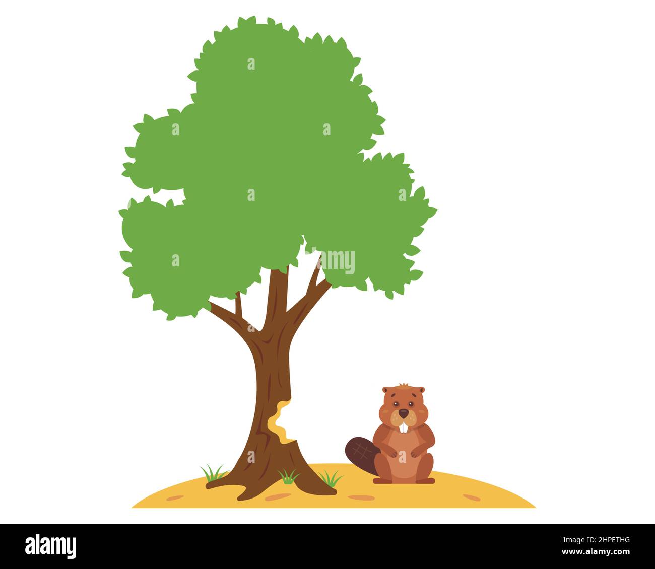 un castoro gnaws un albero per fare una diga sui fiumi. illustrazione vettoriale piatta. Illustrazione Vettoriale