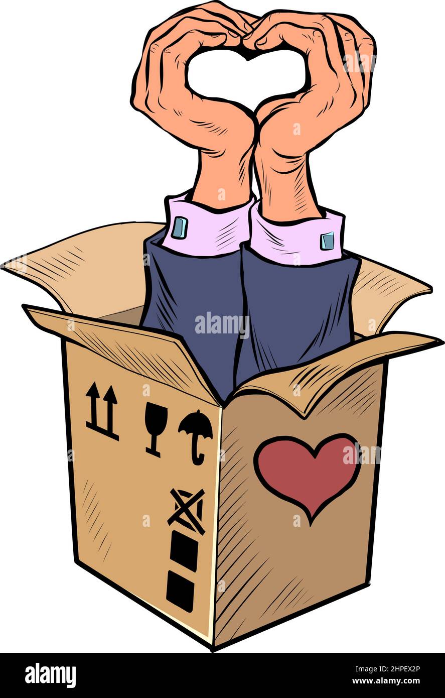 Uomo mani cuore gesto scatola San Valentino sorpresa saluto, amore romanticismo Illustrazione Vettoriale